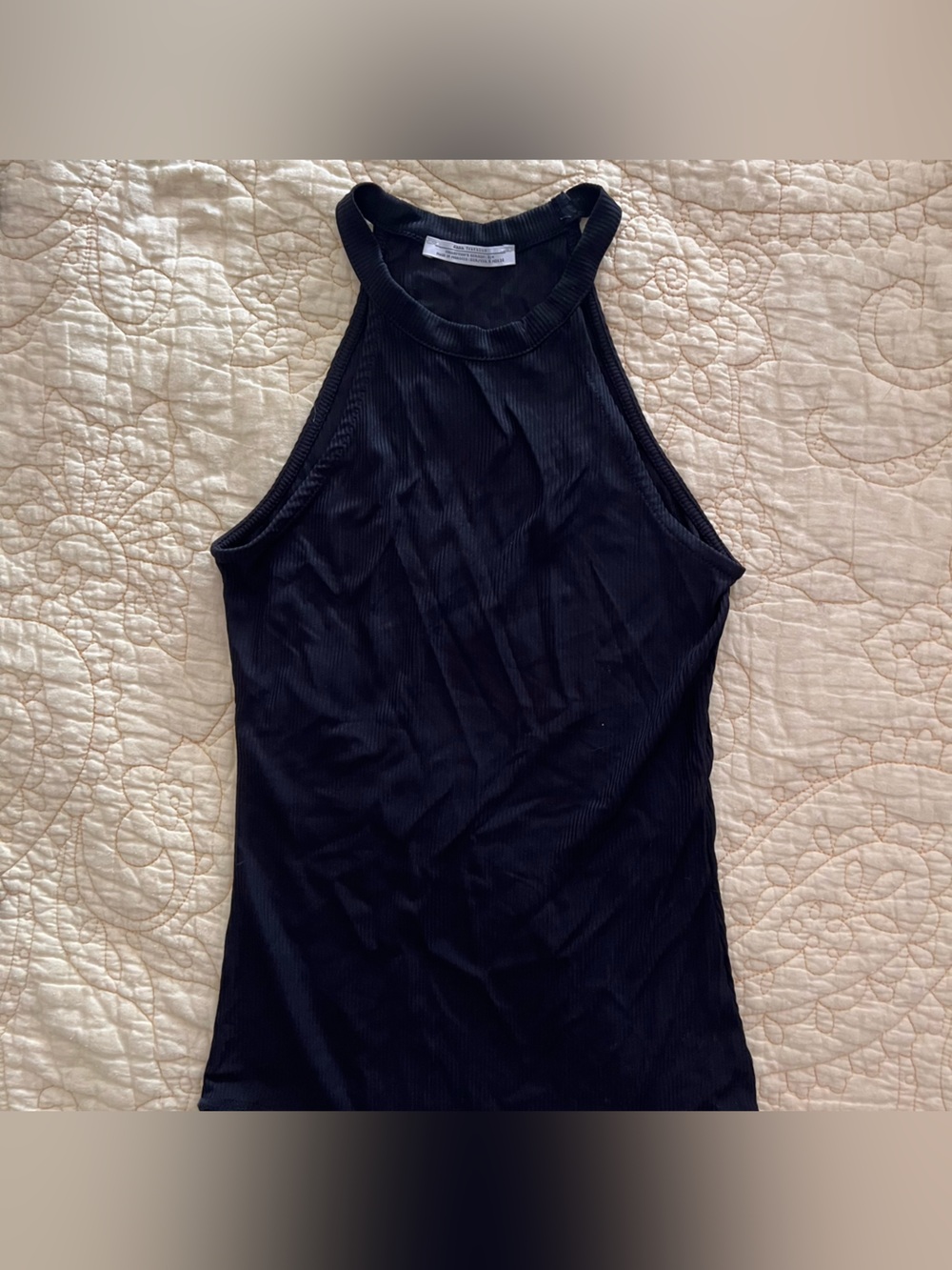 Zara Black/Dark Navy Ribbed Halter Tank Top Bodysuit